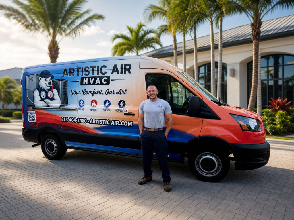 Bryan Todd standing in front of colorful Artistic Air HVAC service van.