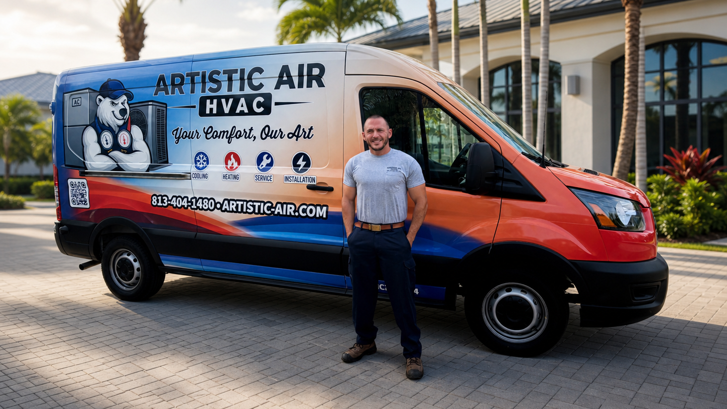 Bryan Todd standing in front of colorful Artistic Air HVAC service van.
