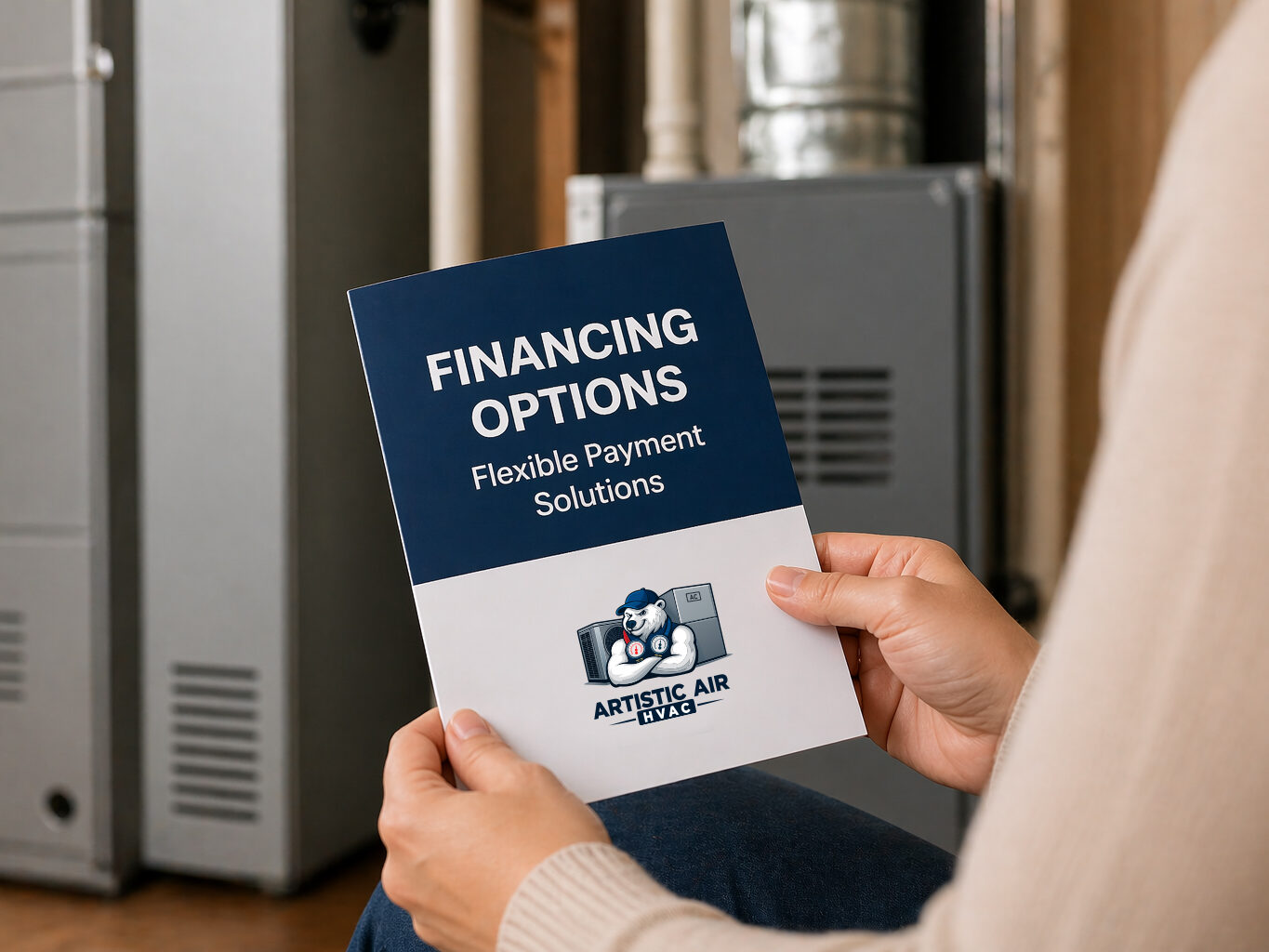 Person holding a brochure about flexible financing options for HVAC services.